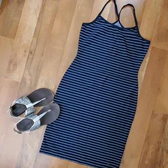 Tommy Hilfiger Womans Stretch Navy Striped Sleeveless Racerback Dress Size M - Picture 2 of 12